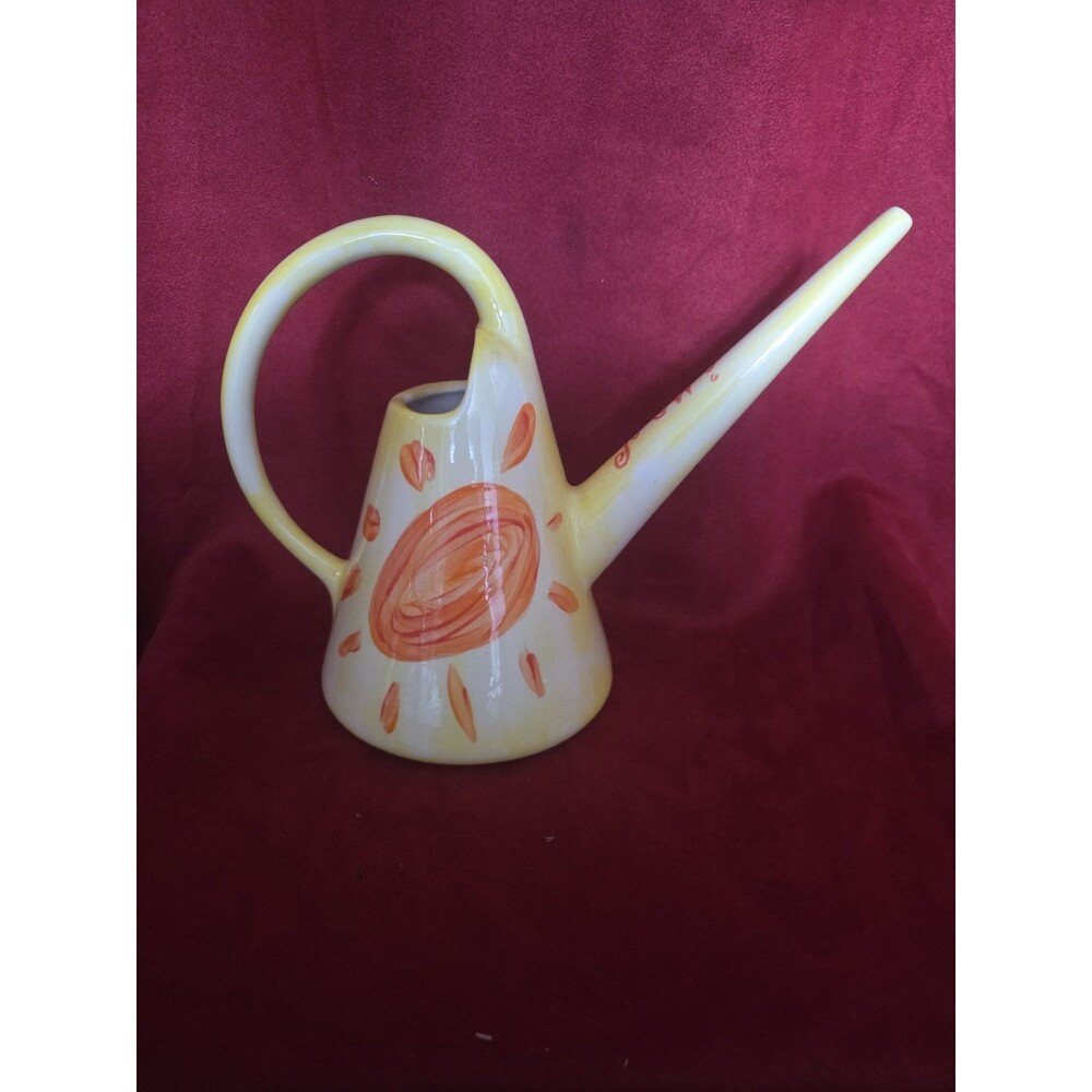 Decorative Ceramic Watering Pitcher Hand Painted Sun Motif Yellow Orange Vase